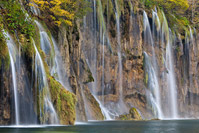 Waterfalls on lake Galovac in autumn, National Park Plitvice Lakes, Croatia