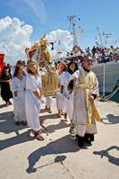 Young pilgrims carrying the Snow Madonna statue, Kukljica, island Ugljan, Croatia