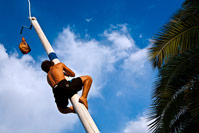 Man climbing for prosciuto during "Our Lady of the Snow" fiesta, island Ugljan, Croatia