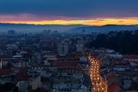 Night falls on the longest street Ilica in town Zagreb decorated for the Advent, Croatia